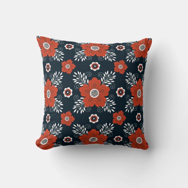Red Black Floral Throw Pillow (Front)