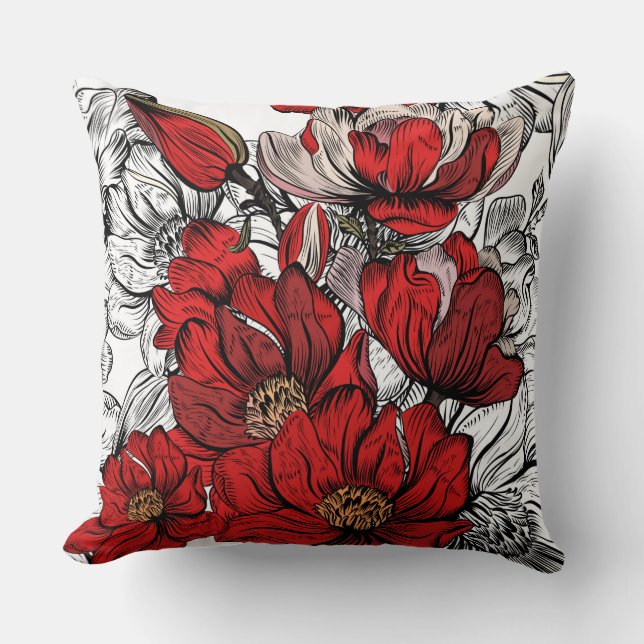 Red/Black Floral Watercolor Pillow (Front)