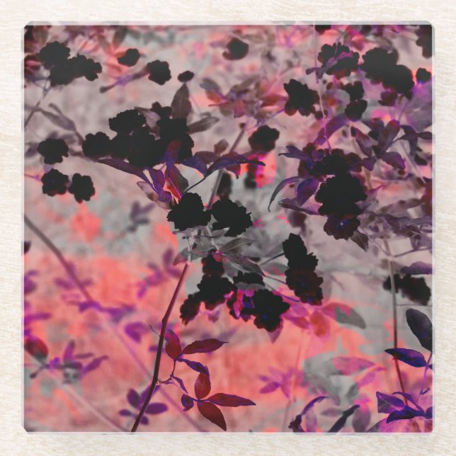 Red black flower pattern design graphic art glass coaster (Front)
