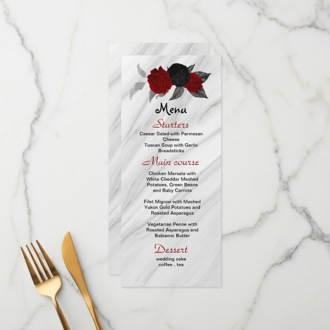 red & black flowers beautiful wedding menu (Front/Back In Situ)