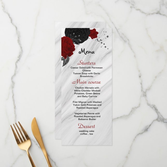 red & black flowers beautiful wedding menu (Front/Back In Situ)