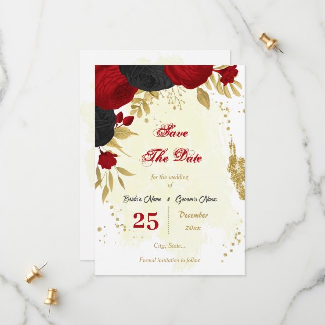 red & black flowers gold botanical save the date (Front/Back In Situ)