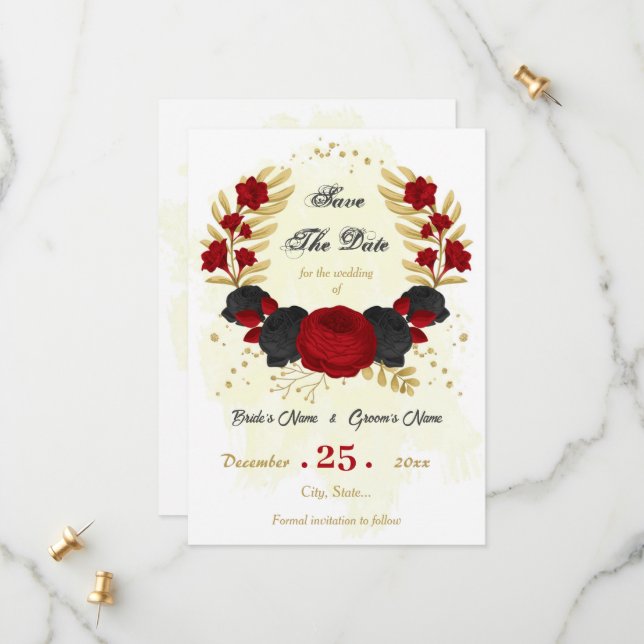 red & black flowers gold botanical save the date (Front/Back In Situ)