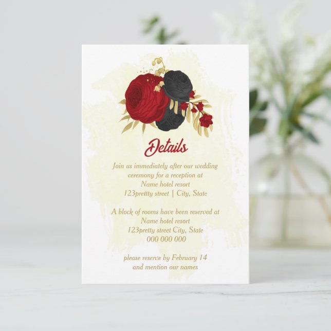red & black flowers gold botanical wedding enclosure card (Standing Front)