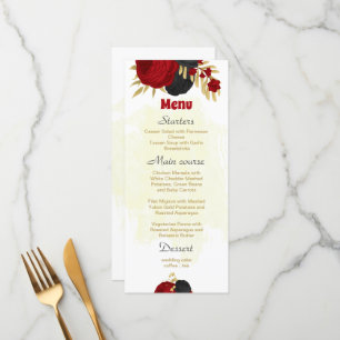 red & black flowers gold botanical wedding menu