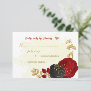 red & black flowers gold botanical wedding RSVP card