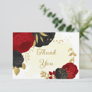 red & black flowers gold botanical wedding thank you card