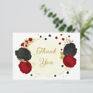 red & black flowers gold botanical wedding  thank you card