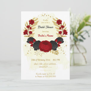 red & black flowers gold bridal shower invitation