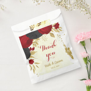 red & black flowers gold favour bags