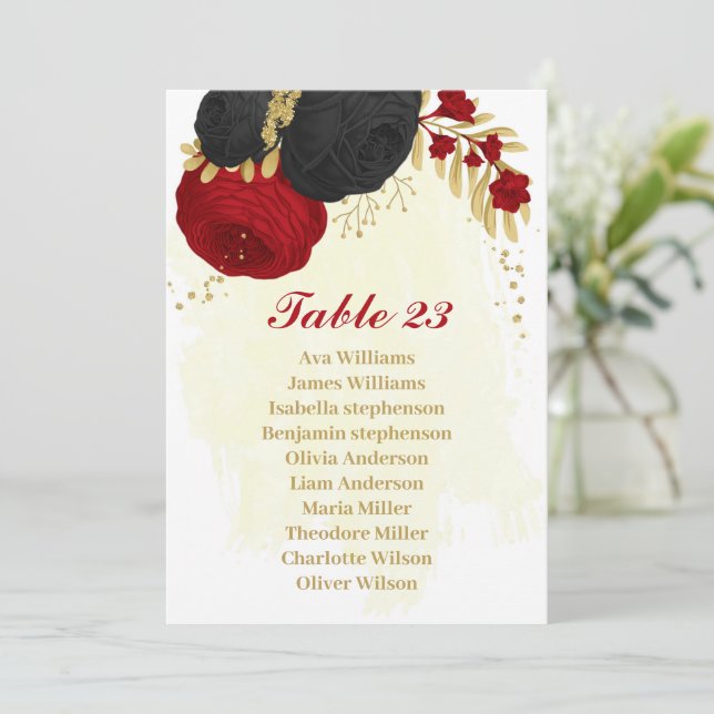 red & black flowers gold seating chart card (Standing Front)