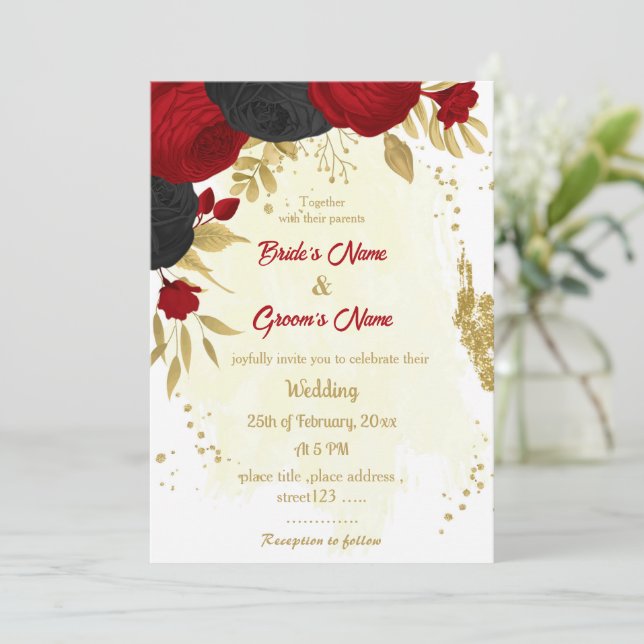 red & black flowers gold wedding invitation (Standing Front)