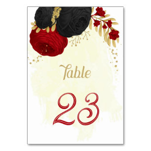 red & black flowers gold wedding table number