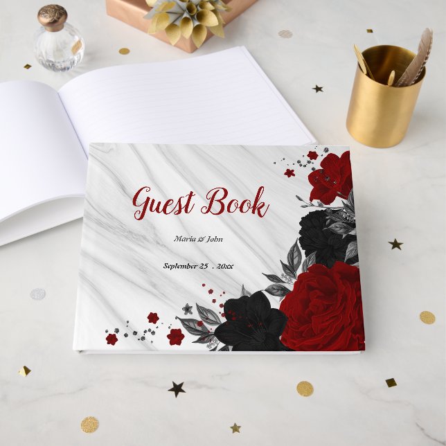 red & black flowers grey botanical marble  guest book (Front Open)