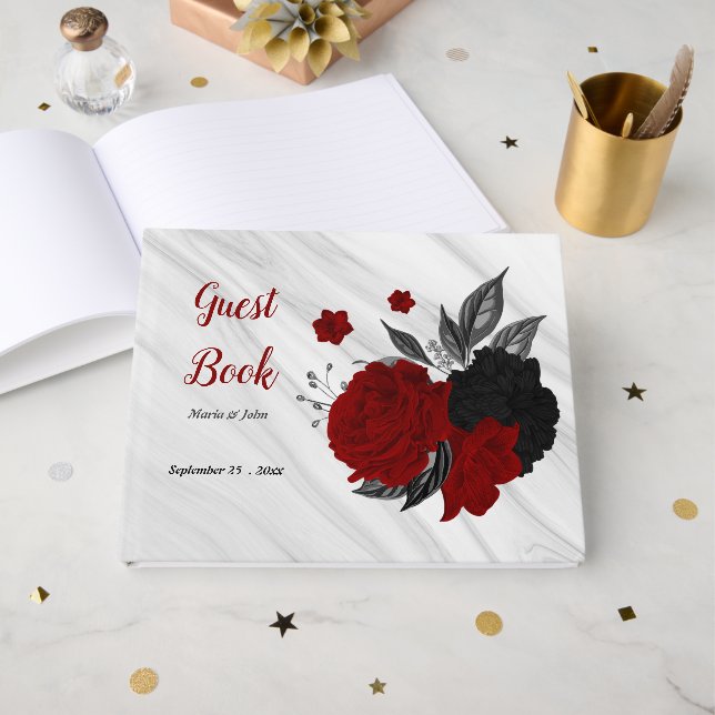 red & black flowers grey botanical marble guest book (Front Open)