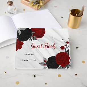 red & black flowers grey botanical marble guest book