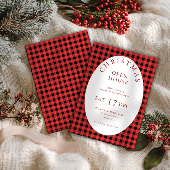 Red Black Gingham Christmas Open House Invitation (Front and back view)