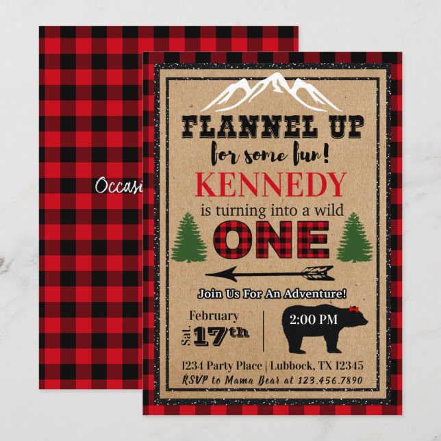 Red Black Girl's Buffalo Plaid Birthday Invitation (Front/Back)