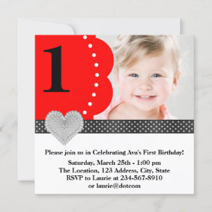 Red Black Girls Photo 1st Birthday Party Invitation