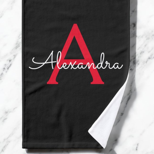 Red Black Girly Script Monogram Name Hand Towel (Creator Uploaded)