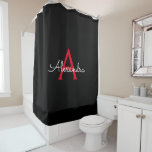 Red Black Girly Script Monogram Name Modern Shower Curtain<br><div class="desc">Black and Red Monogram Name Bathroom Shower Curtain. This makes the perfect sweet 16 birthday,  wedding,  bridal shower,  anniversary,  baby shower or bachelorette party gift for someone that loves glam luxury and chic styles.</div>