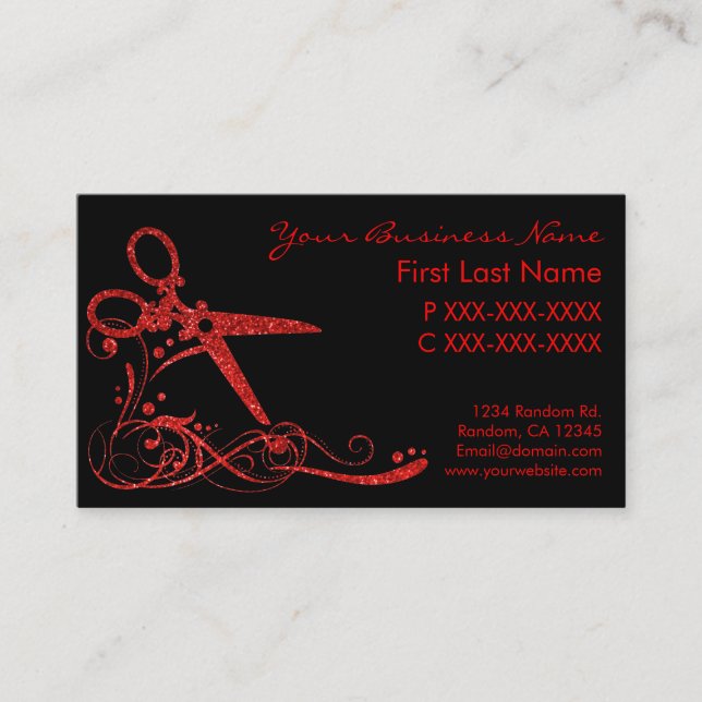 Red black glitter swirl hair cut business cards (Front)