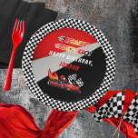 Red | Black Go Kart Racing Birthday Paper Plate<br><div class="desc">Race on over to celebrate a go kart racing-themed birthday. This birthday party design features a red and black go kart with a red helmeted drive and flames shooting out the back of the go kart. The words "Ready, Set, Go!" are also done in a flame-toned gradient. A pair of...</div>
