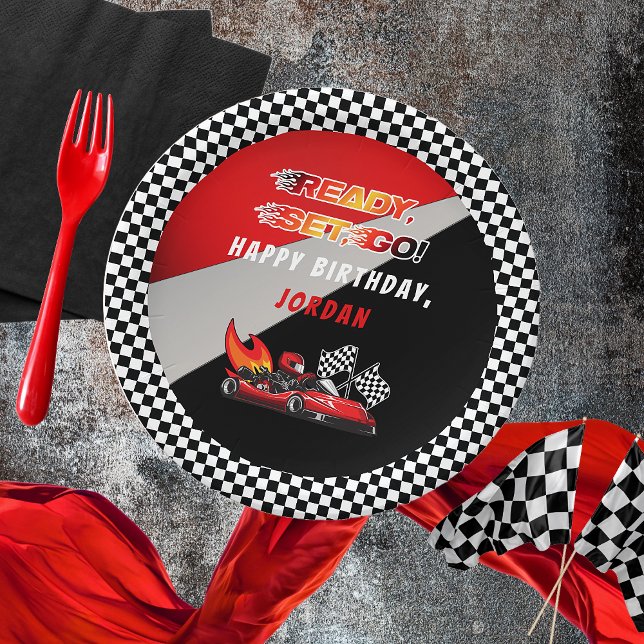 Red | Black Go Kart Racing Birthday Paper Plate (Red and Black Go Kart Racing Kid's Birthday Party "Ready, Set, Go!" Paper plates)