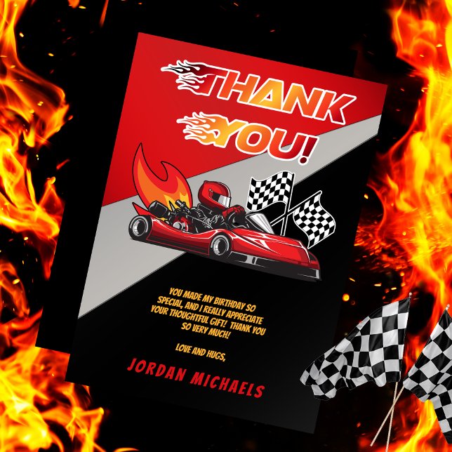 Red | Black Go Kart Racing Birthday  Thank You Card (Red and Black Go Kart Racing Kid's Birthday Party Thank You Card)