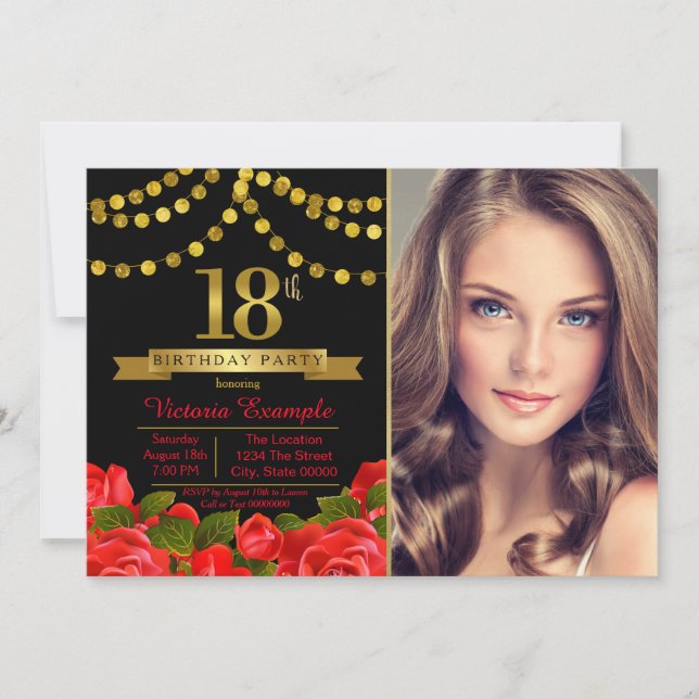 Red Black Gold 18th Birthday Party Invitation (Front)