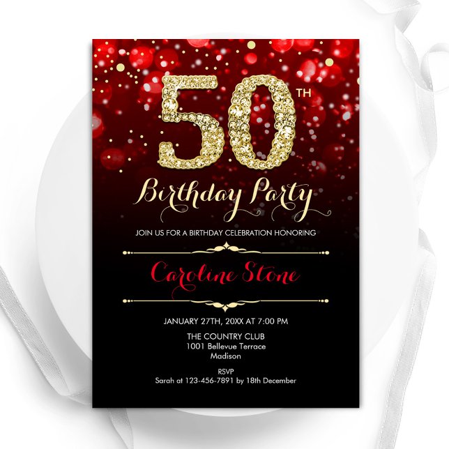 Red Black Gold 50th Birthday Invitation (Creator Uploaded)