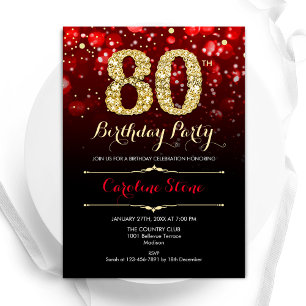 Red Black Gold 80th Birthday Invitation