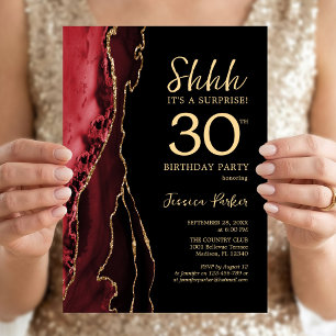 Red Black Gold Agate Surprise 30th Birthday Invitation