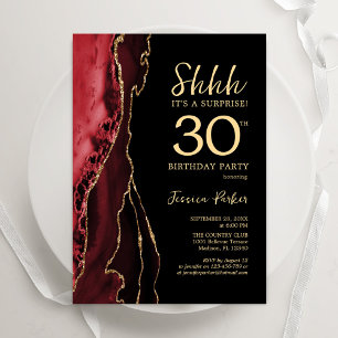 Red Black Gold Agate Surprise 30th Birthday Invitation