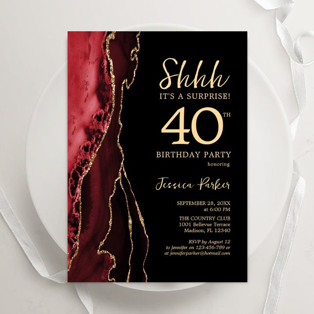 Red Black Gold Agate Surprise 40th Birthday Invitation (Creator Uploaded)