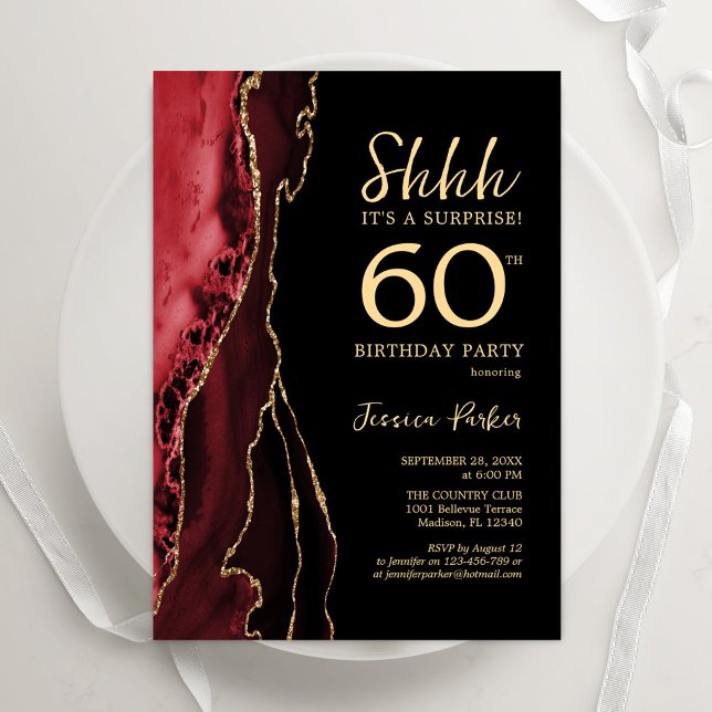 Red Black Gold Agate Surprise 60th Birthday Invitation (Creator Uploaded)