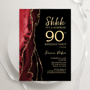 Red Black Gold Agate Surprise 90th Birthday Invitation