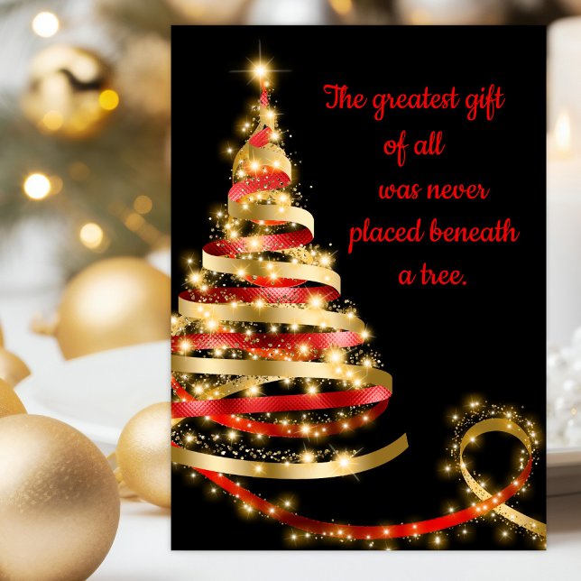 Red Black Gold Christian Christmas Card (Christian Christmas card with red and gold ribbon tree and Bible scriptures. )