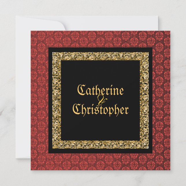 Red black gold damask wedding invitation (Front)
