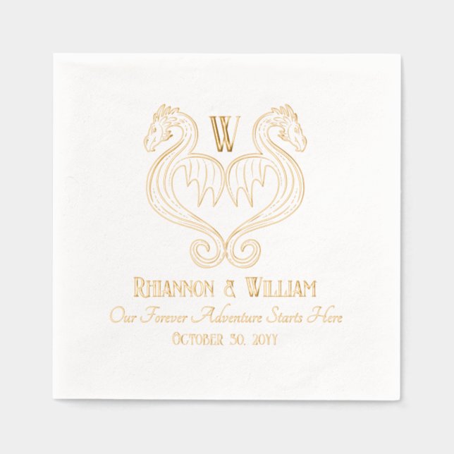 Red Black Gold Dragon Monogram Fantasy Wedding  Foil Napkins (Front)