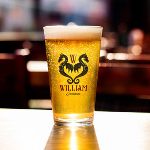 Red Black Gold Dragon Monogram Fantasy Wedding Glass