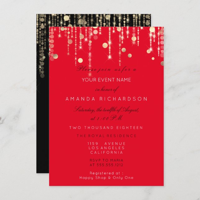 Red Black  Gold Drips Birthday Bridal Shower Invit Invitation (Front/Back)