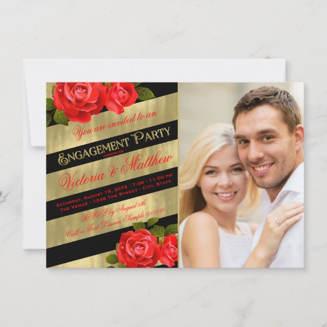 Red Black Gold Engagement Party Invitation (Front)