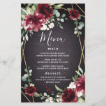 Red Black Gold Floral Elegant Wedding Menu Cards<br><div class="desc">Design features a black chalkboard printed texture for the background with a printed gold coloured geometric frame that’s covered in unique elegant greenery that consists of eucalyptus and other leaves/branch elements. Design also features burgundy red rose and peony flowers and other blush pink floral elements for added unique décor.</div>