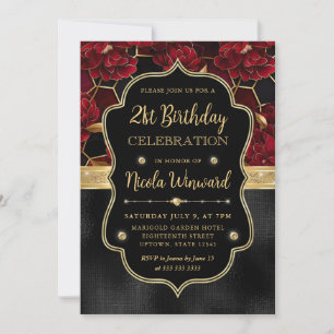 Red Black & Gold Floral Marble 21st Birthday Invitation