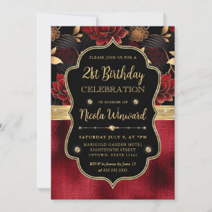 Red Black & Gold Floral Marble 21st Birthday Invitation