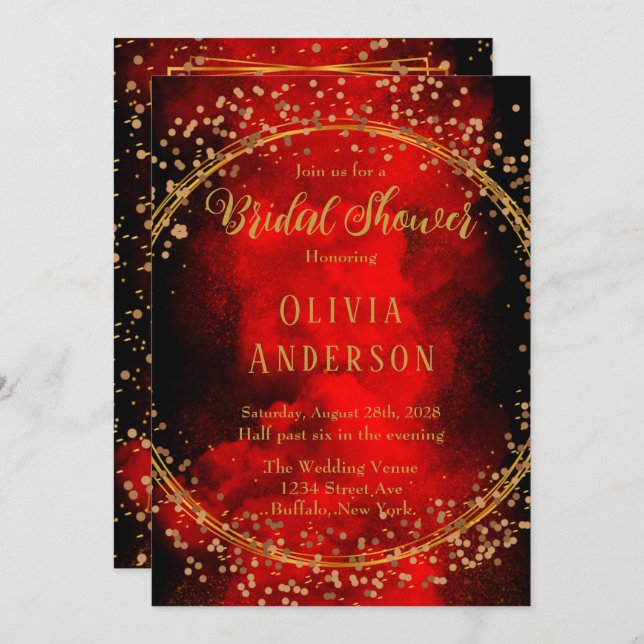Red Black Gold Geometric Glitter Bridal Shower Invitation (Front/Back)