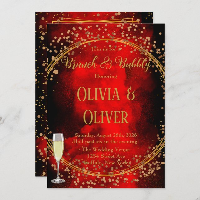 Red Black Gold Geometric Glitter Brunch & Bubbly  Invitation (Front/Back)