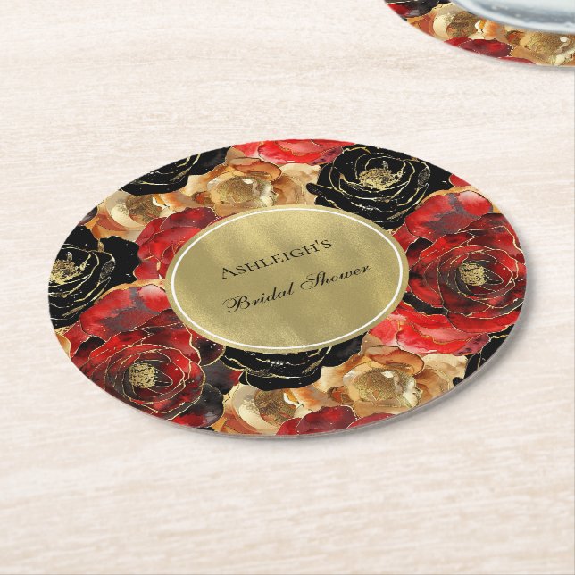 Red Black Gold Glam Floral Bridal Shower Round Paper Coaster (Angled)
