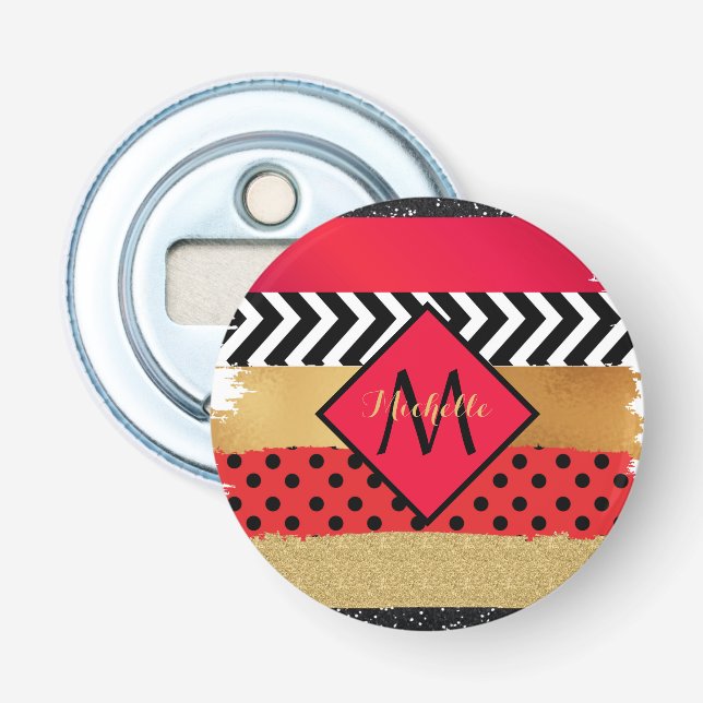 Red Black Gold Glitter Brush Stroke Monogrammed    Bottle Opener (Front)